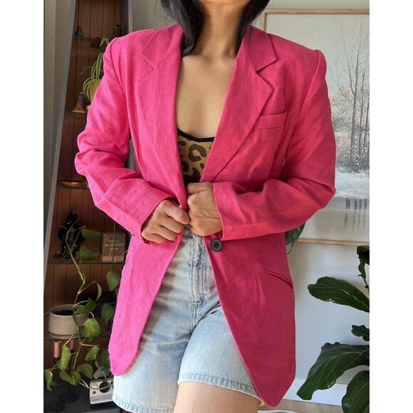 ANN TAYLOR Vintage Hot Pink Linen one button Blazer Long Line Size 4 Retro chic - Picture 8 of 12